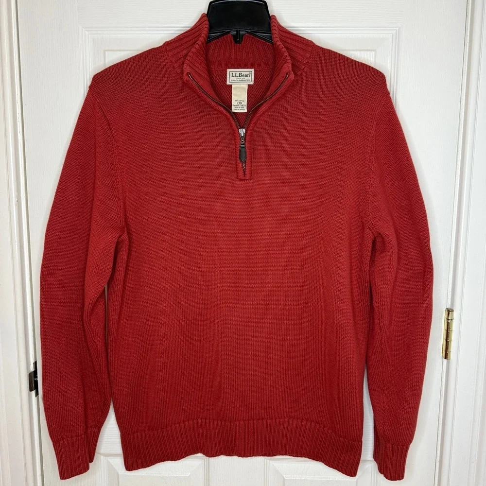 Vintage L.L. Bean Rust Cotton 1/4 Zip Pullover Sweater Size Large
